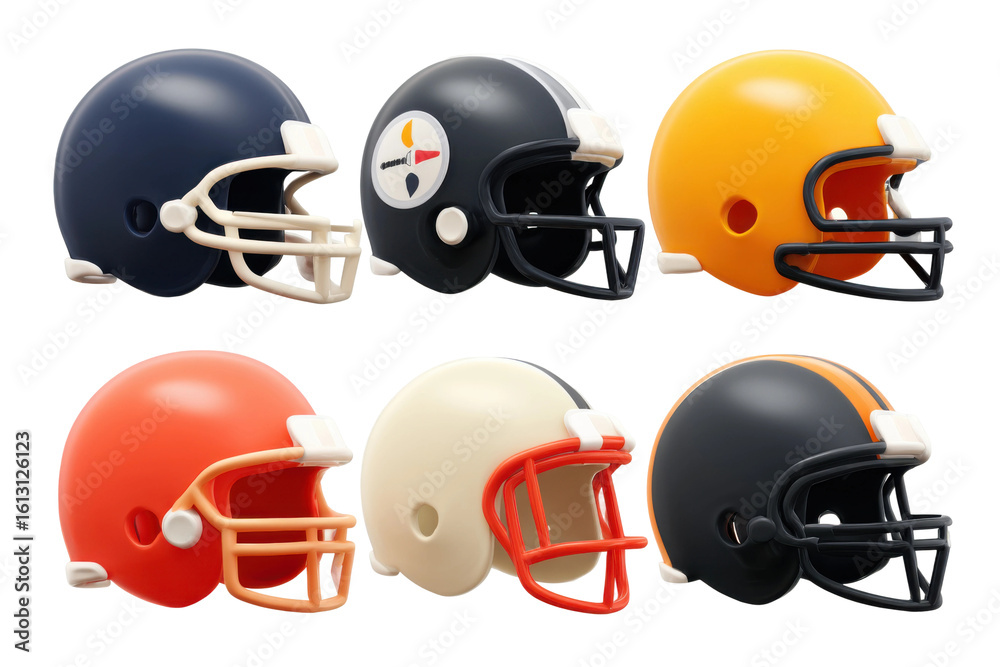 Fototapeta premium Football helmets collection sports event studio background close-up. Isolated on transparent background, png.