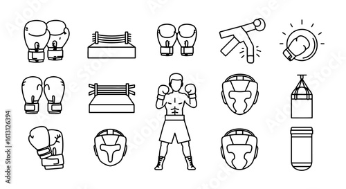 Boxing Sport Outline Icon Set, Combat Training Line Vector Pack, Editable Fighting Equipment Icons