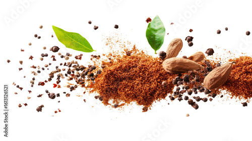Flying garam masala ground spice powder isolated on white background
