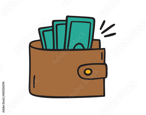 Money brown wallet green dollar icon doodle hand drawn. colorful cartoon wallet drawing clipart symbol