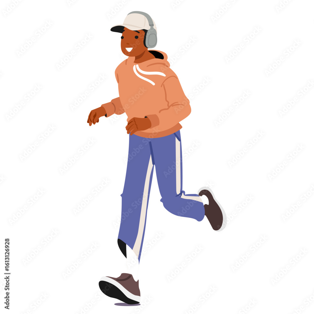 Fototapeta premium Teenage boy cartoon character wearing headphones and activewear jogging in morning isolated on white