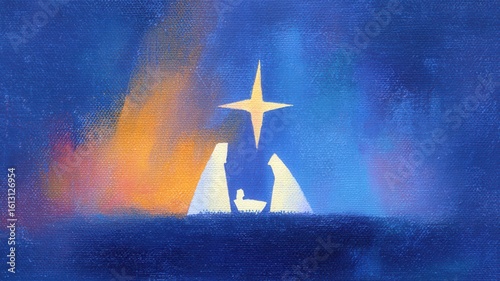 Artistic painting of the christmas nativity scene, featuring mary, joseph, and baby jesus with a bright star shining above
