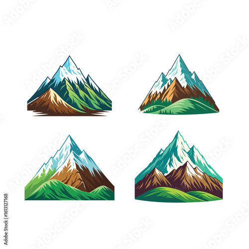 Four stylized snowy mountain peaks with green valleys