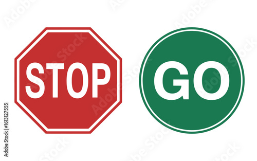 Stop and Go Road Signs Symbolizing Opposing Directions in Transportation and Decision Making on a Clean White Background