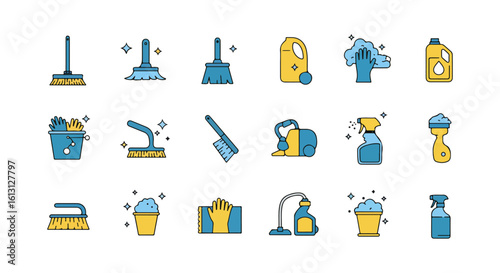 Cleaning Tools Flat Icon Set, Housekeeping Equipment Vector Pack, Editable Home Appliance Icons