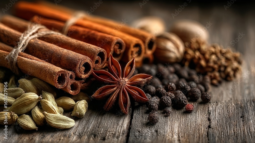 Aromatic Spice Medley Close-Up of Cinnamon, Cardamom, Cloves, and Anise on Rustic Wood Background Aromatic Spice Medley Close-Up of Cinnamon, Cardamom, Cloves, and Anise on Rustic Wood Background