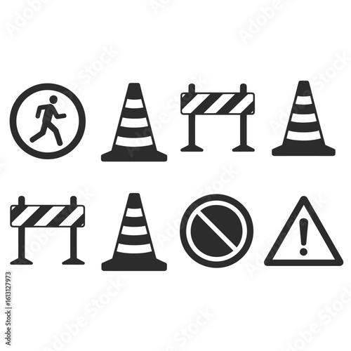 Road Construction Signs and Symbols in Black and White Vector Illustration Collection for Roadwork and Safety Awareness