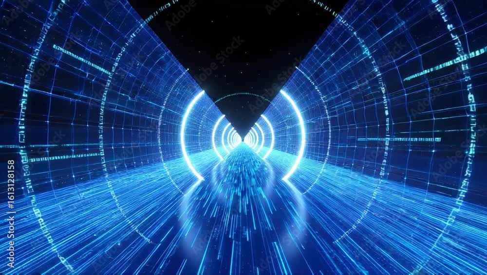 Futuristic digital tunnel featuring glowing blue lights, high tech corridor with vibrant illumination, digital lines, circular patterns, and digital grid creating dynamic motion and sci fi atmosphere