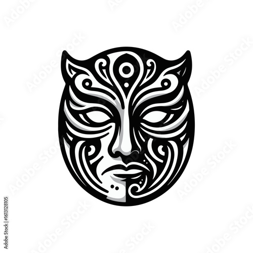 tribal mask of transformation, with dual sides or mirrored expressions