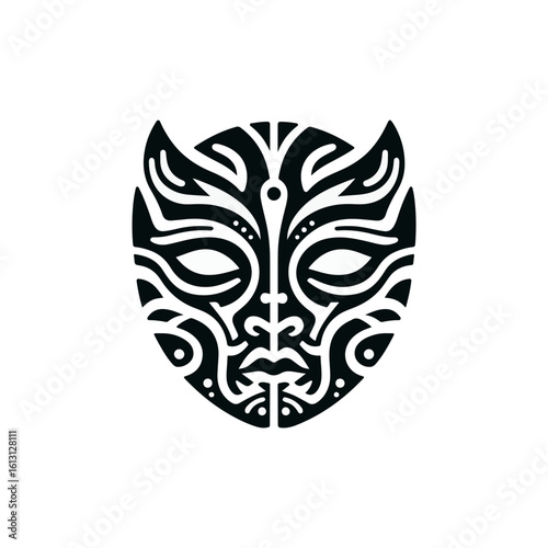 tribal mask of transformation, with dual sides or mirrored expressions