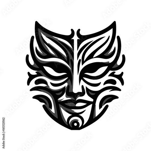 tribal mask of transformation, with dual sides or mirrored expressions