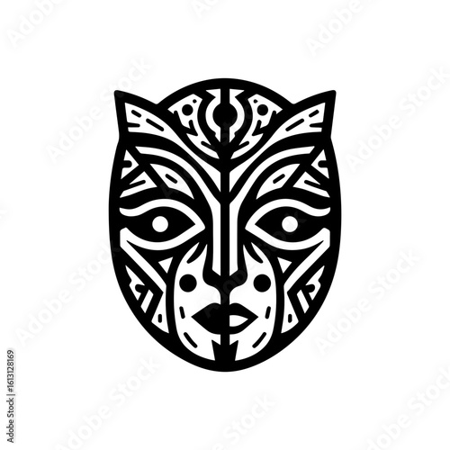 tribal mask of transformation, with dual sides or mirrored expressions