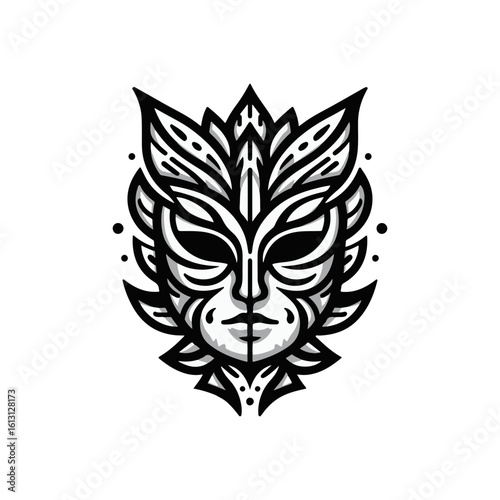 tribal mask of transformation, with dual sides or mirrored expressions