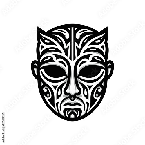 tribal mask of transformation, with dual sides or mirrored expressions