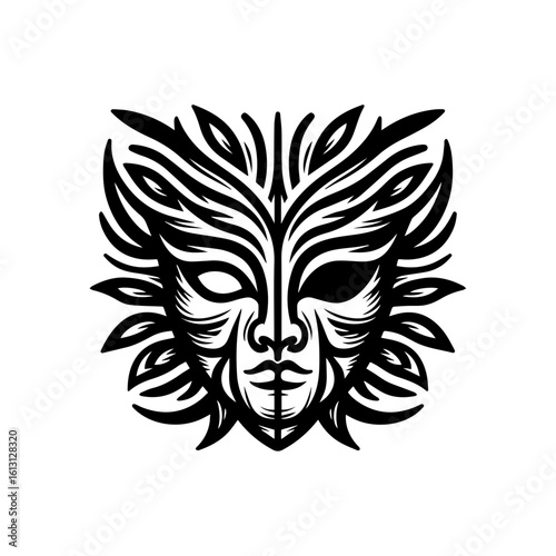 tribal mask of transformation, with dual sides or mirrored expressions