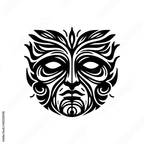 tribal mask of transformation, with dual sides or mirrored expressions