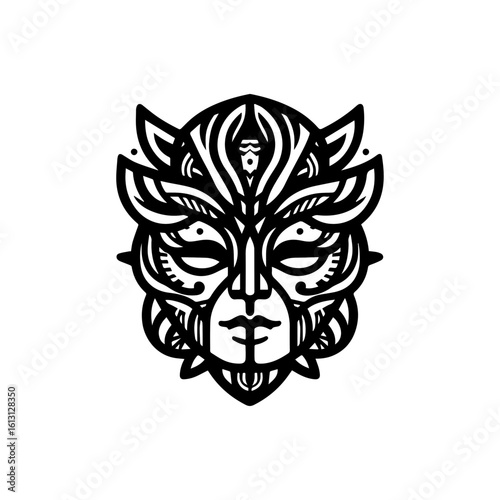 tribal mask of transformation, with dual sides or mirrored expressions