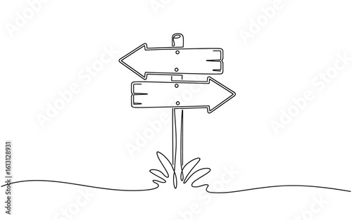 Whimsical road sign illustration with opposite direction arrows offering guidance and choices in black and white simple art