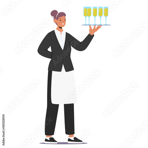 Smiling waitress isolated cartoon character holding tray with wineglasses filled sparkling wine