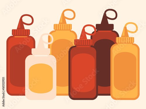 Variety of condiment bottles for picnics and barbecues featuring ketchup mustard and other sauces providing flavorful additions to meals and celebrations