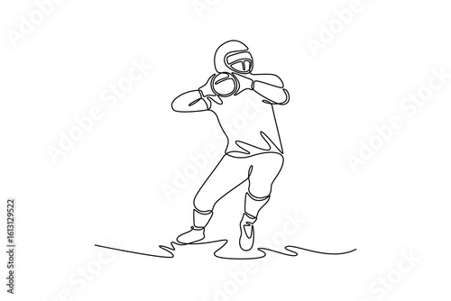 Continuous one line drawing American football player throwing a ball. Professional athlete plays successful pass with teammates during championship. Single line draw design vector graphic illustration