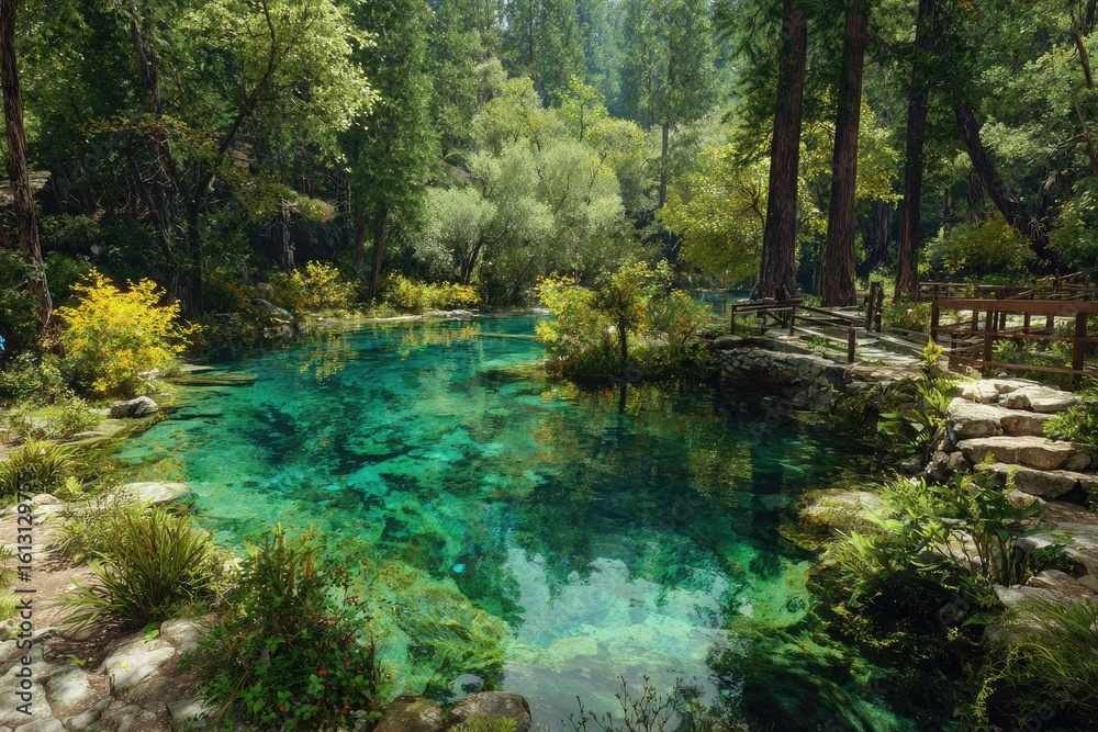 Fototapeta premium Tranquil turquoise pool nestled within a lush forest