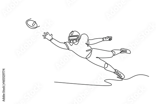 Continuous one line drawing American football player in motion catching ball. Movement development. Sport, competition, tournament, game, dynamic. Single line draw design vector graphic illustration