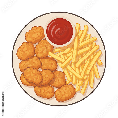 Delicious Chicken Nuggets and French Fries Served with Ketchup on a Plate Ready to Eat