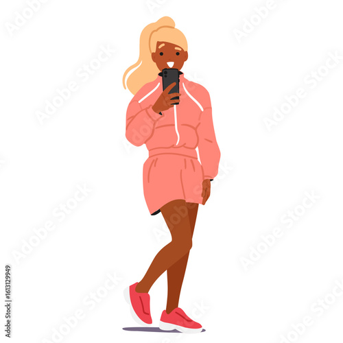 Teenage girl cartoon character in trendy fashion sportive clothes posing for smartphone camera