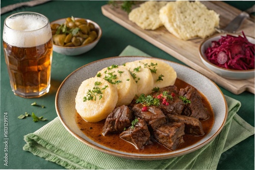Braised Beef with Czech Dumplings (Svíčková), Czech Beer, and Pickled Beets, on a green tablecloth, with a high angle shot