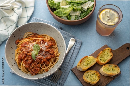 Spaghetti Bolognese, Caesar salad, garlic bread, and iced lemonade, on a grey blue table, with a high angle shot