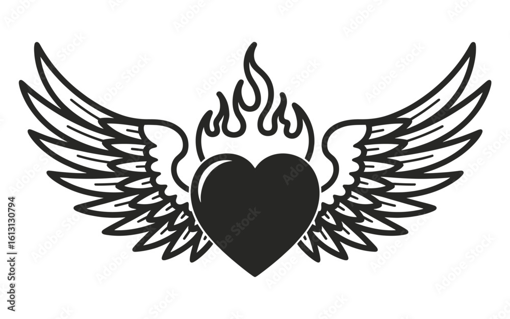 Obraz premium Heart with Wings and Fire Illustration Love and Passion Graphic Design Element Vector Illustration for Print and Digital Use