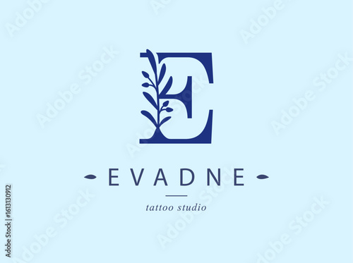 Logo, capital letter E. Monogram of Botanical Minimalistic, Initial. with Organic Plant Elements.