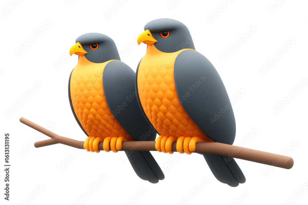 Obraz premium Two colorful birds resting on a branch nature scene digital art. Isolated on transparent background, png.