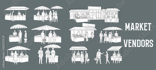 Minimal Outline Vector Illustrations of Market Vendors and Shoppers – Standing Behind Stalls, Browsing Goods, Holding Baskets, and Chatting – Clean Hand-Drawn Style for Architectural, Urban, and Lifes
