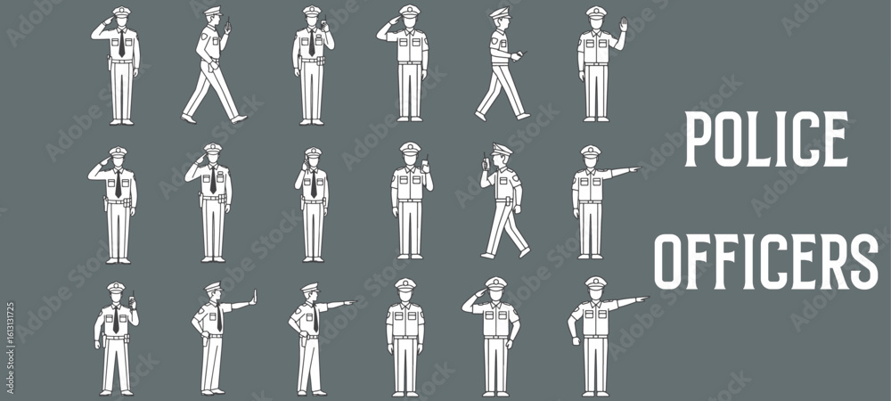 Fototapeta premium Minimal Outline Vector Illustrations of Police Officers – Standing, Walking, Patrolling, and Communicating – Clean Hand-Drawn Style for Architectural, Civic, and Public Safety Design Use