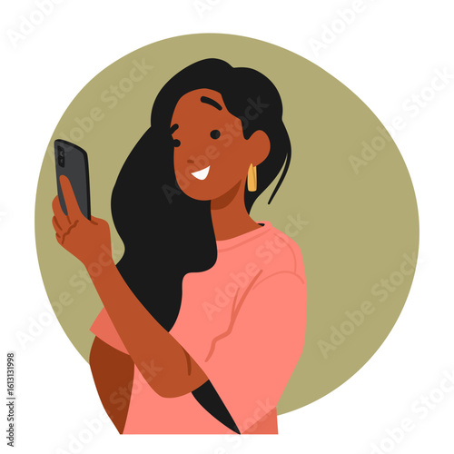 Young pretty woman cartoon character using mobile phone looking at digital device screen with smile