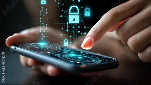 Close-up of a hand using a mobile phone for hacking via public Wi-Fi, with digital locks and padlock icons hovering around