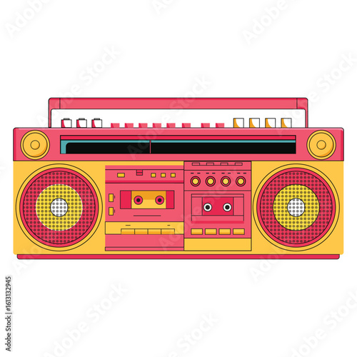 Retro cassette boombox vector, vintage stereo music player in red yellow style, classic 80s audio radio with tape deck, loudspeakers and control buttons

