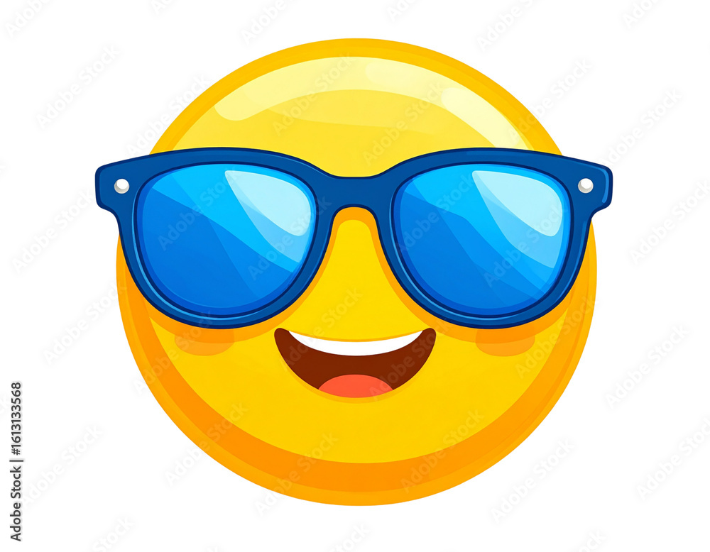Smiling sunglasses cartoon character with reflective lenses on white background, high Smiling sunglasses cartoon character with reflective lenses on white background, high