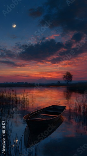 A stunning sunset paints the lake and river with orange reflections, highlighting a lone boat under a vast, beautiful sky