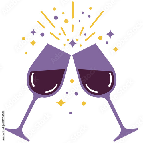 wine glasses vector, cartoon style illustration of two clinking glasses with sparkling fireworks ideal for celebration, party toast, or festive drink designs


