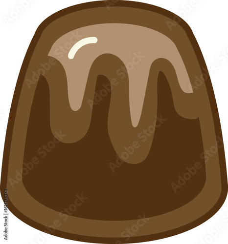 A simple vector illustration of a dome-shaped chocolate bonbon with a glossy sauce dripping down.