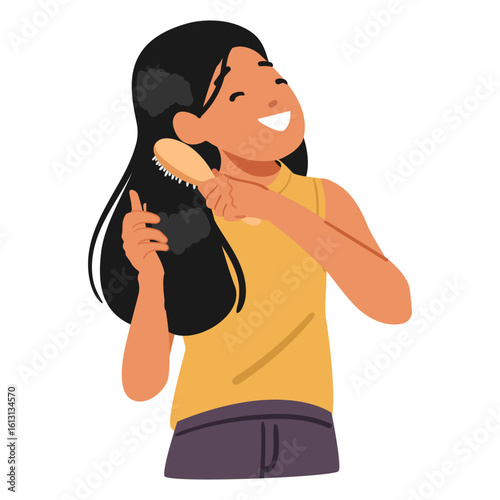 Teenager girl cartoon character enjoying combing hair with brush isolated portrait on white