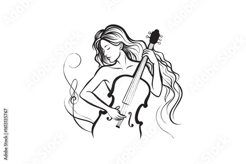 Elegant Woman Playing Cello Black and White Vector Illustration A beautiful woman with flowing hair playing a cello depicted in a minimalist artistic line art