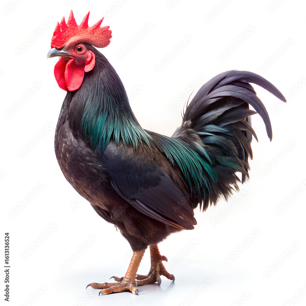 Fototapeta premium Majestic Rooster in Profile: A regal rooster with vibrant plumage and a proud stance. The photograph captures the essence of rural charm, bringing the beauty of the farm directly to you.