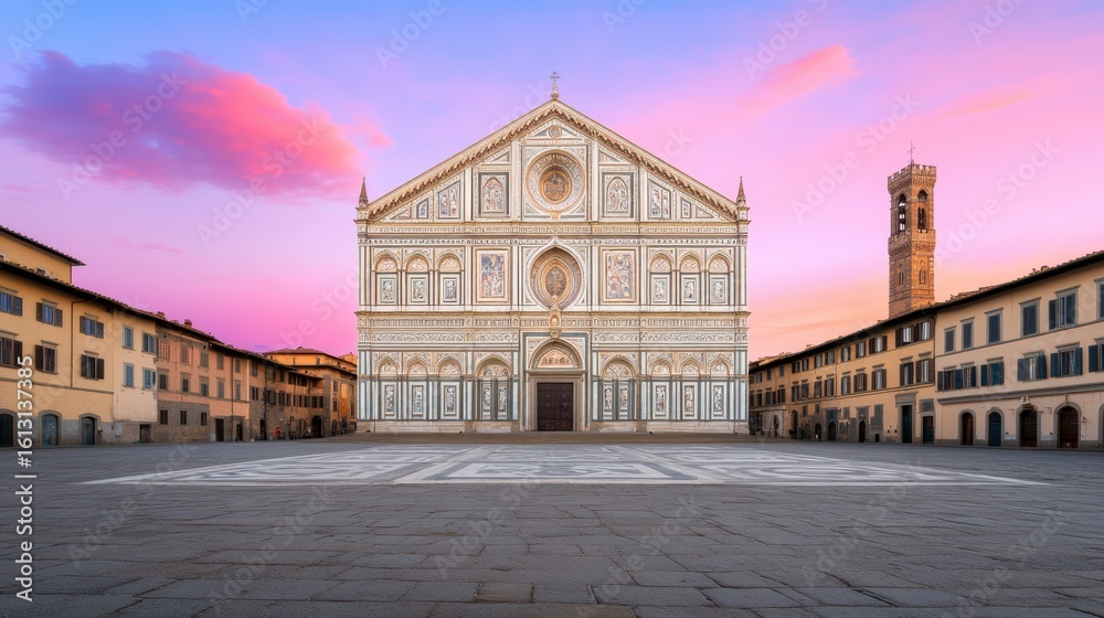 Fototapeta premium A stunning view of a historic cathedral with intricate architecture, set against a colorful sunset, Perfect for travel brochures, architectural websites