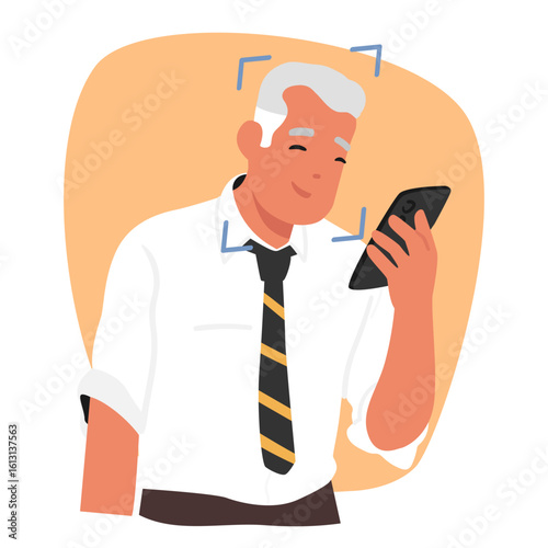 Mature grey-haired businessman scanning biometric with face ID system to identify his personality