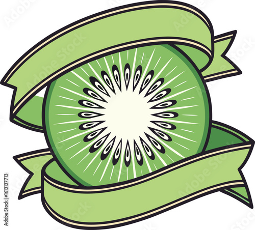 Fresh kiwi fruit slice with green ribbon banner illustration