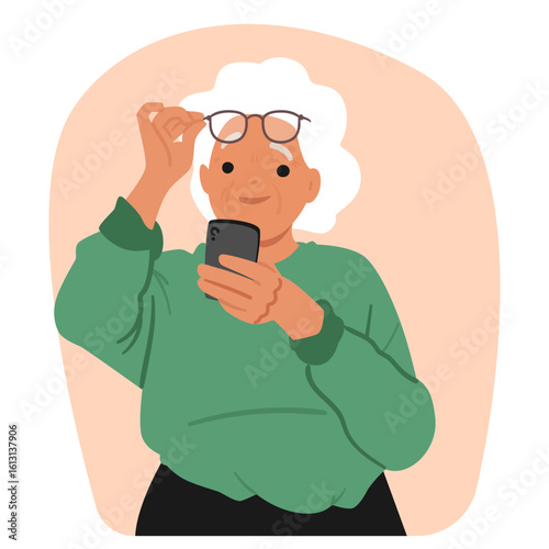 Aged woman cartoon character looking at mobile phone screen with smile on face unlocking gadget